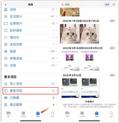 库伦苹果手机维修分享iOS 16 中相册重复项目功能使用方法 