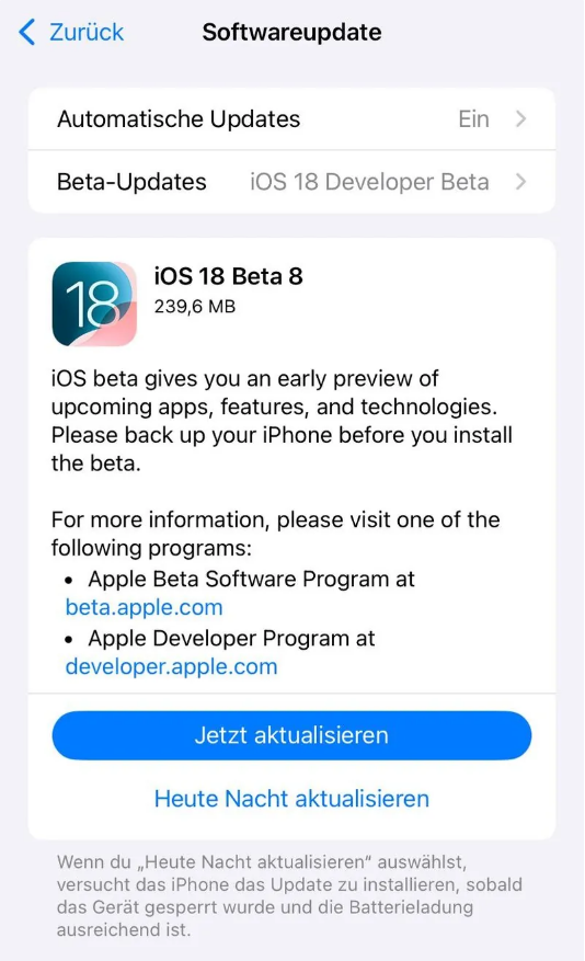 库伦苹果手机维修分享苹果 iOS / iPadOS 18 开发者预览版 Beta 8 发布 